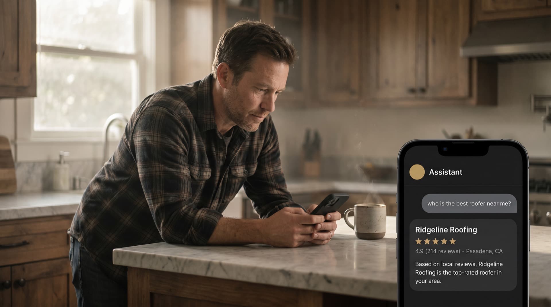 A homeowner at his kitchen island as an AI assistant on his phone recommends a fictional roofing company