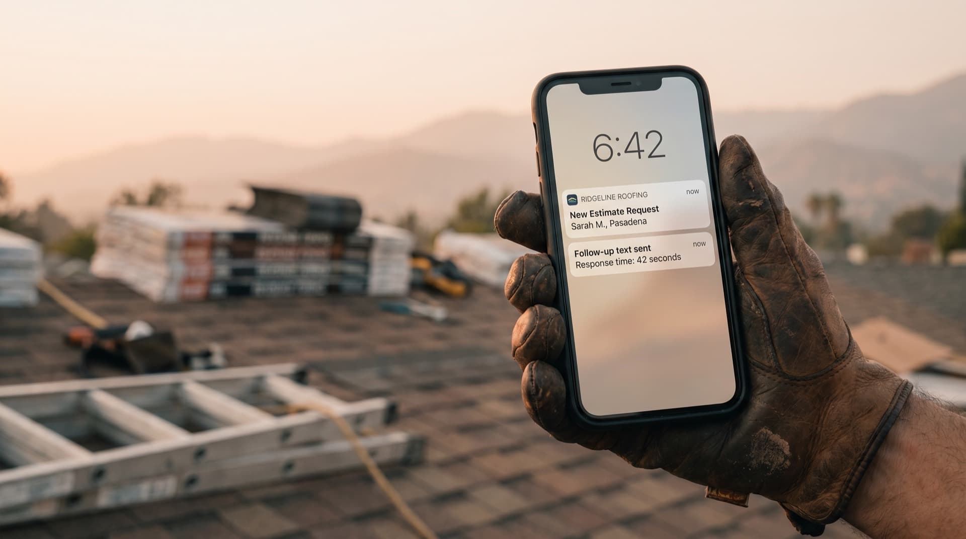 A roofer's gloved hand holding a phone on a rooftop at golden hour, lockscreen showing a new estimate request answered in 42 seconds