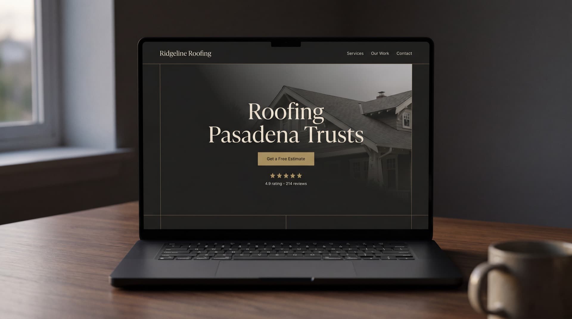 A dark premium roofing website concept on a laptop in a dusk desk scene