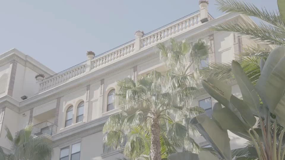 Looking up at an ornate cream building in Los Angeles, palms in front of it
