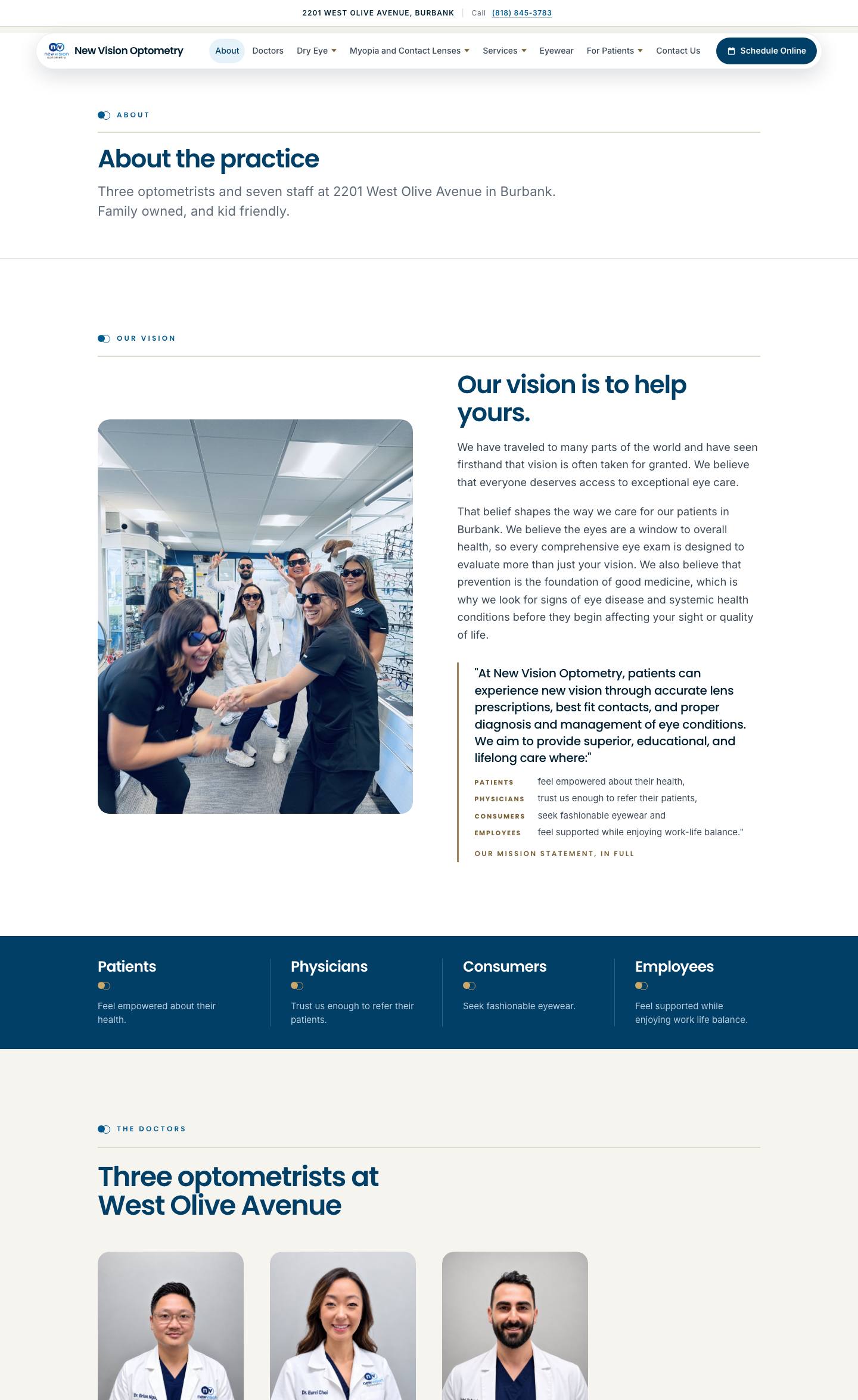 The about page: the vision, the three doctors and the team