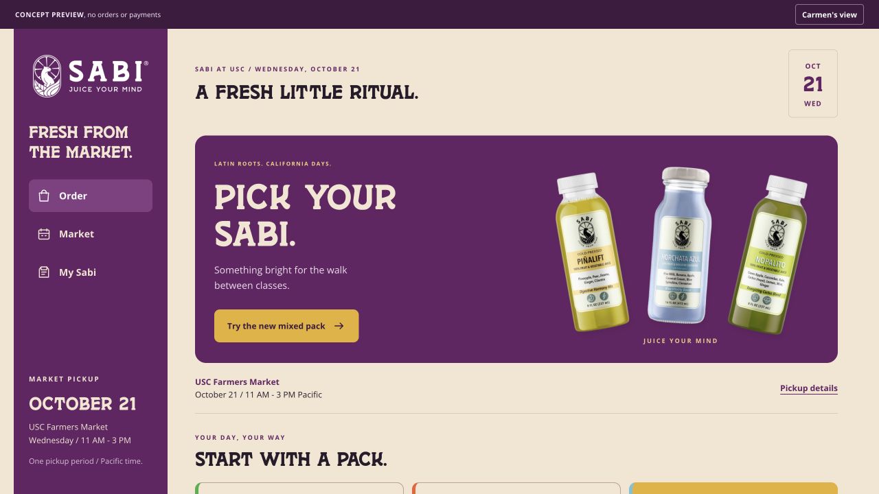 The Sabi ordering concept on a desktop: a side menu for Order, Market and My Sabi beside the Pick your Sabi panel
