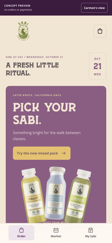 The Sabi ordering concept on a phone: Pick your Sabi, three bottles, and a button to try the mixed pack