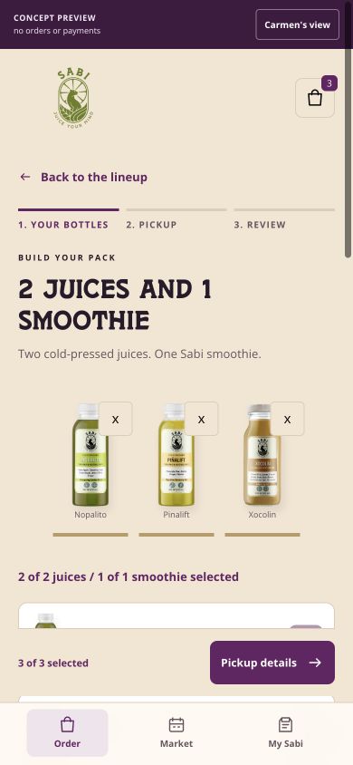 The pack step: two juices and one smoothie selected, Nopalito, Pinalift and Xocolin, with Pickup details next