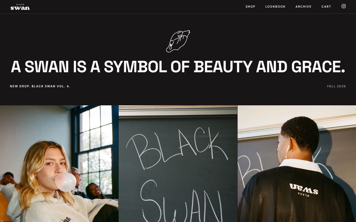 The Yung Black Swan home page: the brand line over three photographs from the fall shoot