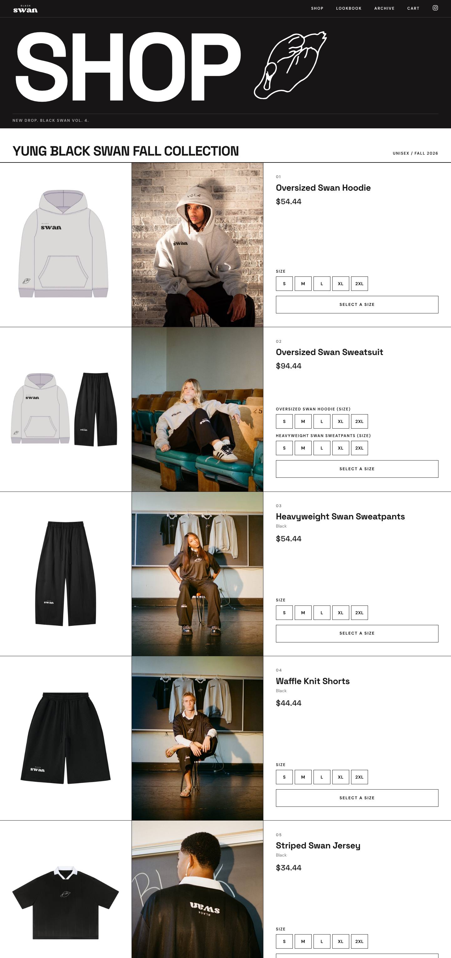The shop page: each piece with its product shot, a photograph from the shoot, the price and size buttons